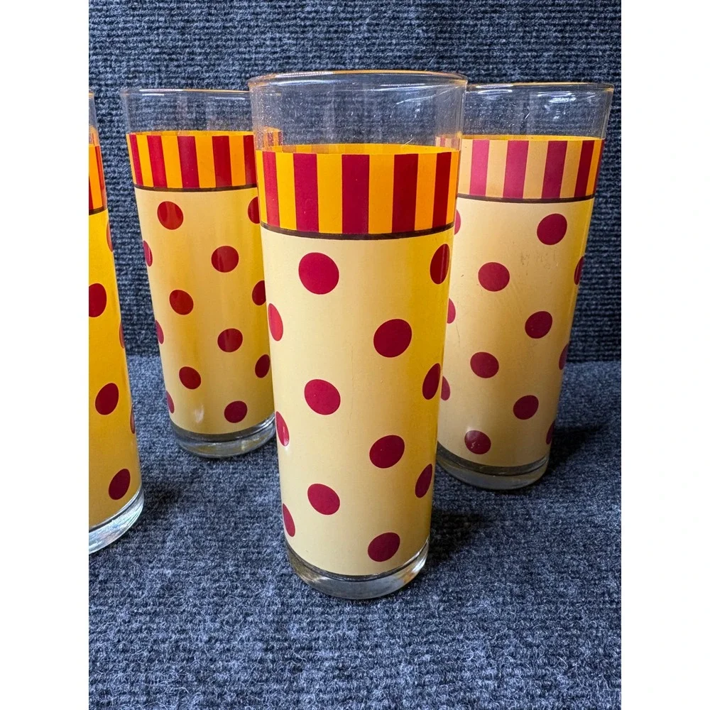 Vintage Libbey Highball Glasses Set of 4 Red Polka Dot Yellow Striped Retro MCM‎